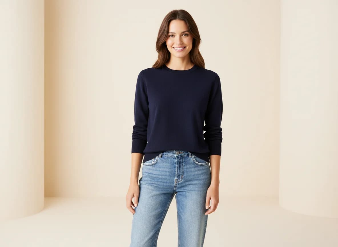 Friendly fashion model wearing a navy sweater suitable for an e-commerce listing