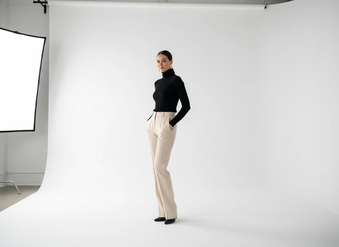 Fashion model in a clean studio wearing a black turtleneck and beige trousers