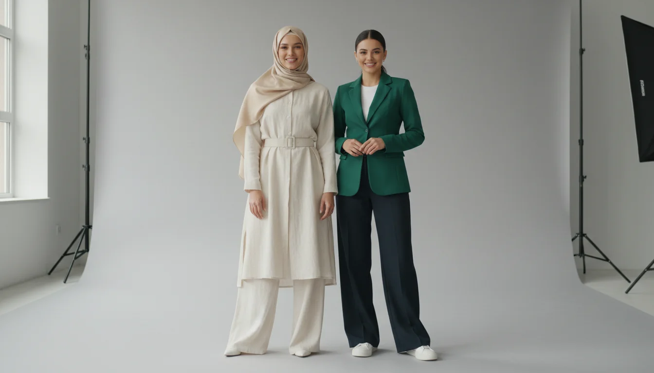 Two female fashion models side by side, one wearing hijab, one without