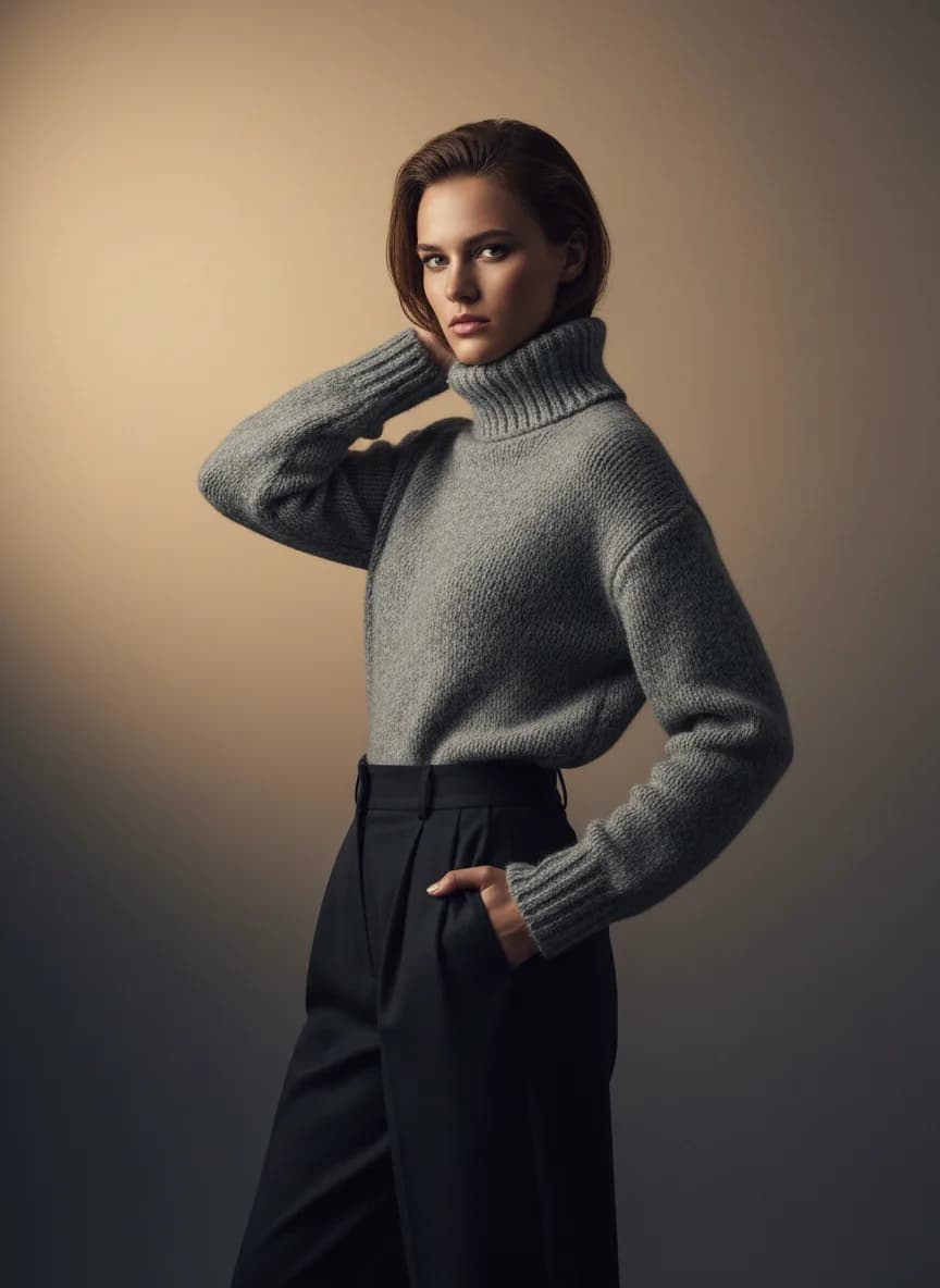 Final editorial photograph of the model in a polished setting