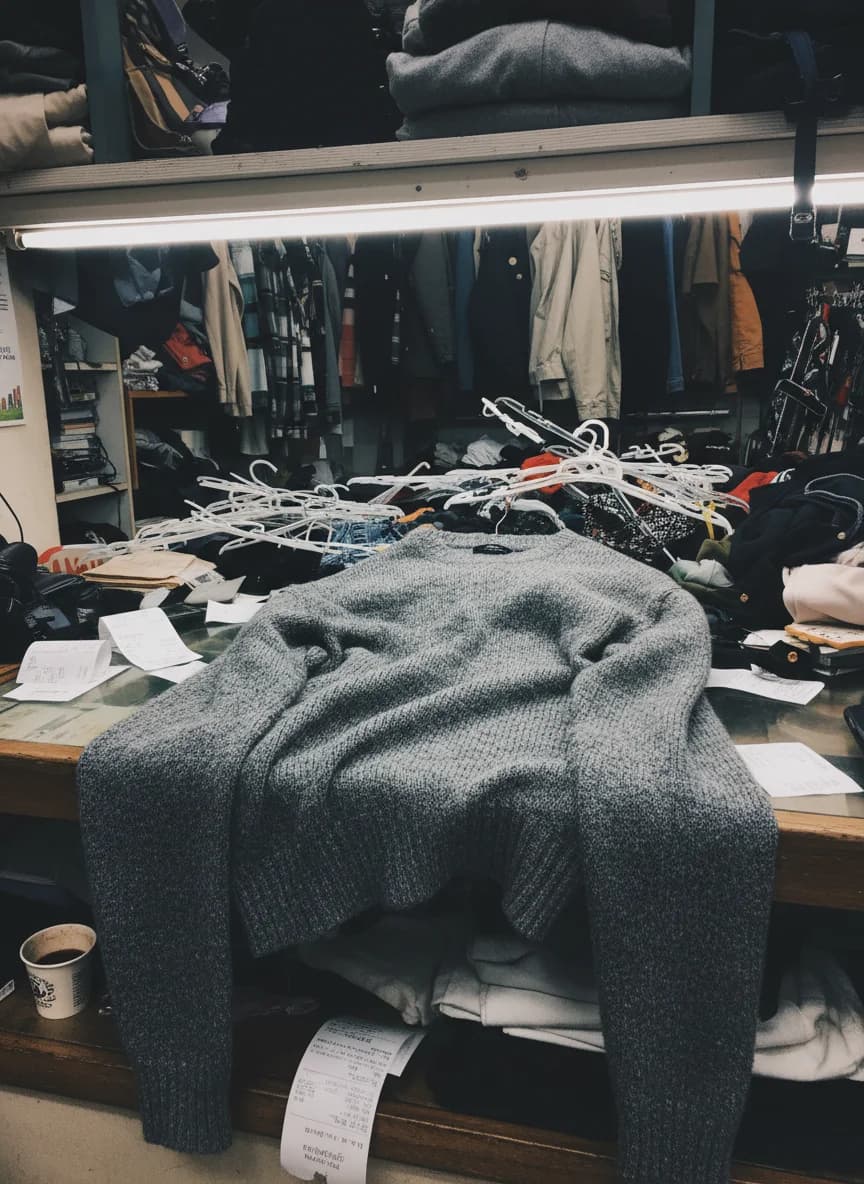 Folded grey wool sweater laid flat — raw upload