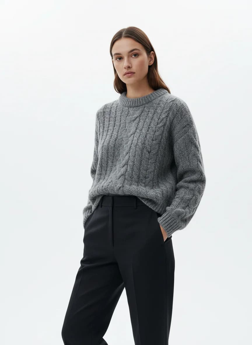Model wearing the grey wool sweater in a clean studio