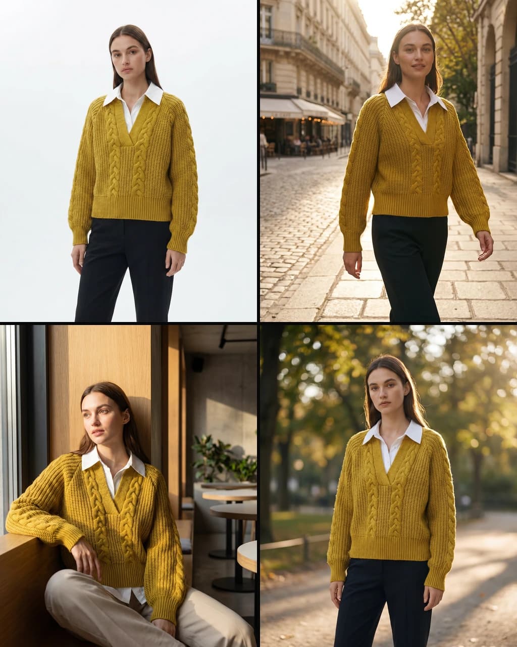 The same model previewed in multiple scenes — studio, street, indoor, lifestyle